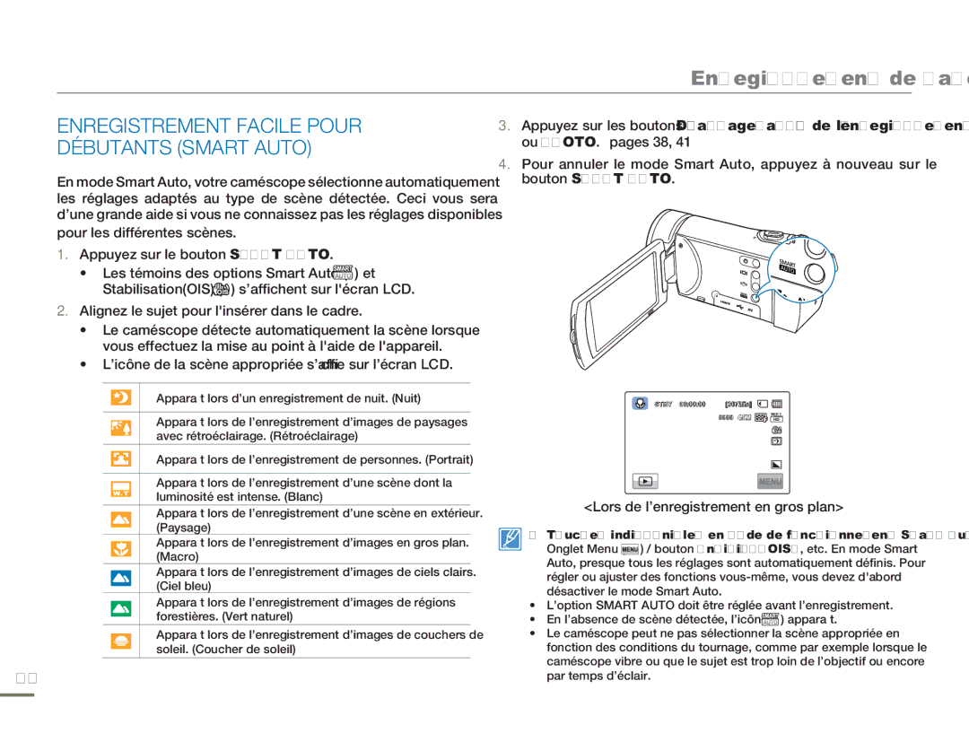 Samsung HMX-H304SP/MEA, HMX-H300BP/EDC Enregistrement Facile Pour Débutants Smart Auto, Appuyez sur le bouton Smart Auto 