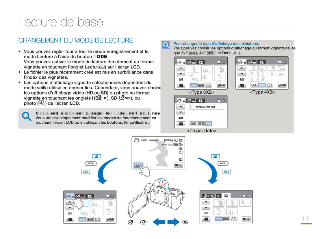 Samsung HMX-H304BP/EDC manual Lecture de base, Changement DU Mode DE Lecture, Photo de l’écran LCD, Type, Tri par date 