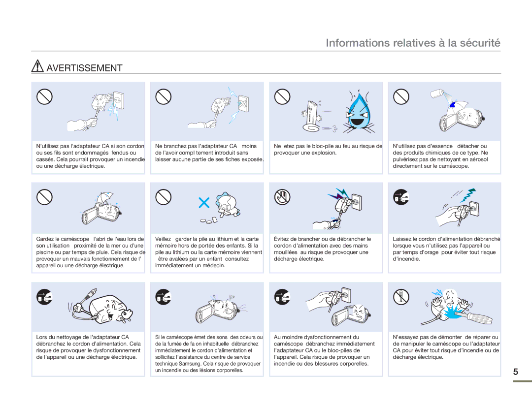 Samsung HMX-H320BP/EDC, HMX-H304SP/MEA, HMX-H300BP/EDC, HMX-H300RP/EDC, HMX-H304BP/EDC Informations relatives à la sécurité 