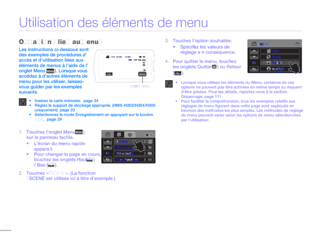 Samsung HMX-H300BP/EDC, HMX-H304SP/MEA, HMX-H300RP/EDC manual Utilisation des éléments de menu, Opérations liées aux menus 