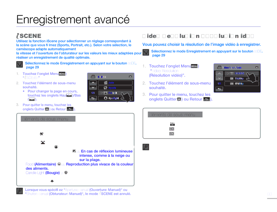 Samsung HMX-H304BP/MEA, HMX-H304SP/MEA, HMX-H300BP/EDC manual Enregistrement avancé, Scene, Video Resolution Résolution vidéo 