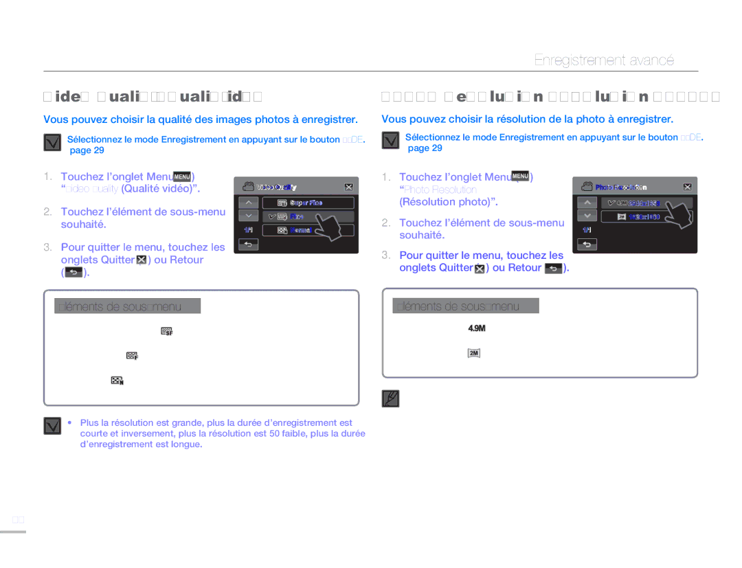 Samsung HMX-H320BP/EDC manual Enregistrement avancé, Video Quality Qualité vidéo, Photo Resolution Résolution photo 