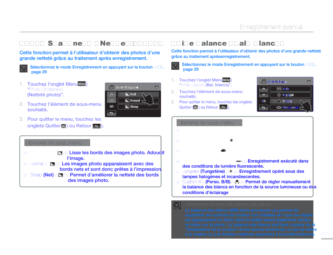 Samsung HMX-H320RP/EDC, HMX-H304SP/MEA, HMX-H300BP/EDC manual Photo Sharpness Netteté photo White Balance Bal. blancs 
