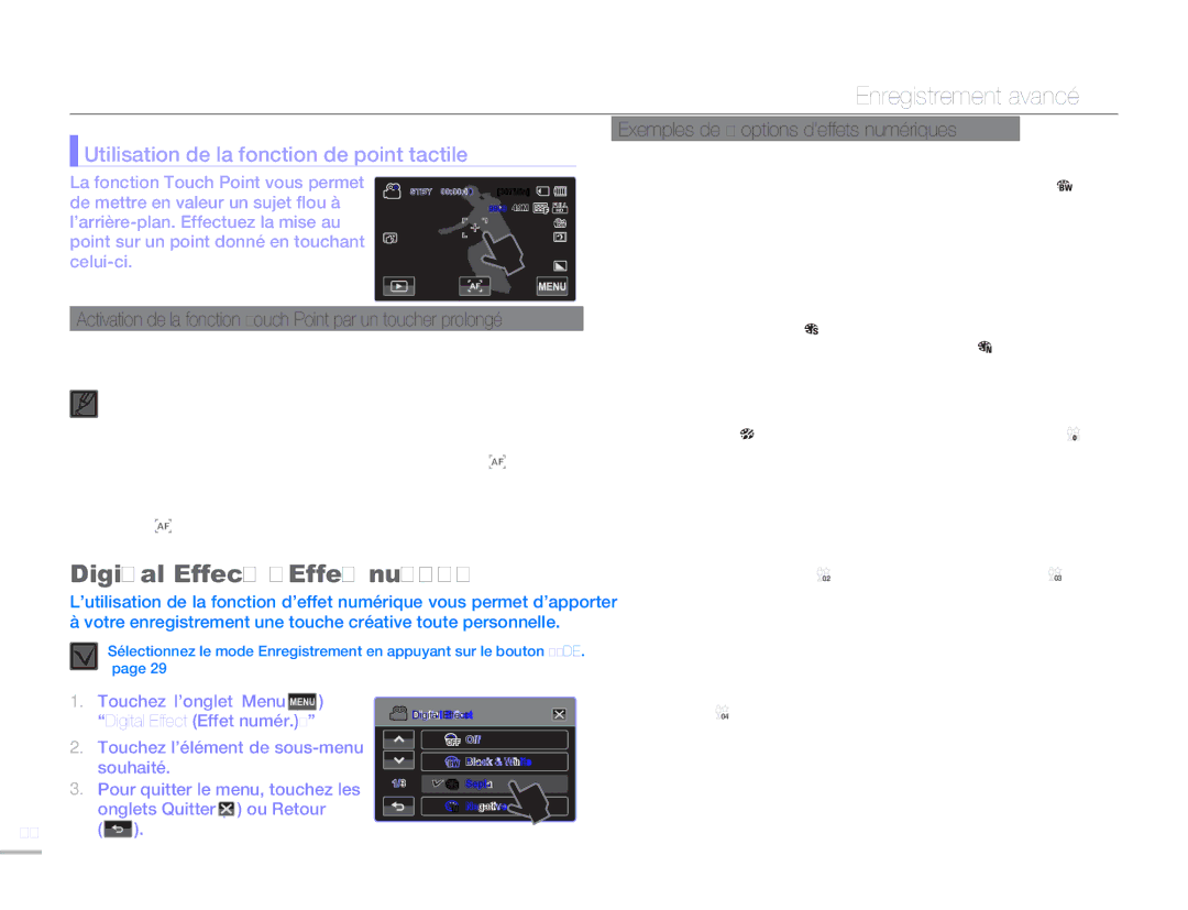 Samsung HMX-H304BP/MEA, HMX-H304SP/MEA manual Digital Effect Effet numér, Utilisation de la fonction de point tactile 