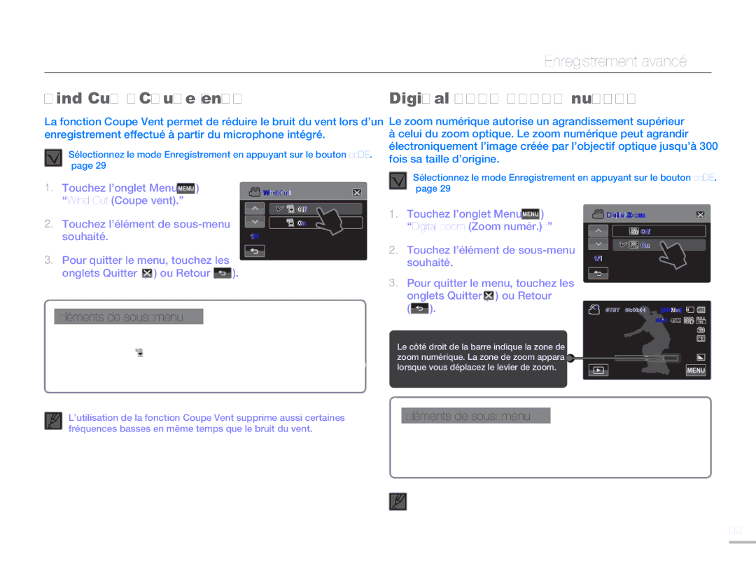 Samsung HMX-H304SP/MEA, HMX-H300BP/EDC manual Wind Cut Coupe vent, Touchez l’onglet Menu Digital Zoom Zoom numér 