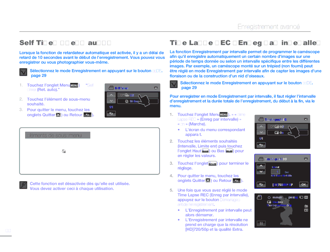Samsung HMX-H300BP/EDC, HMX-H304SP/MEA, HMX-H300RP/EDC manual Self Timer Ret. auto Time Lapse REC Enreg par intervalle 