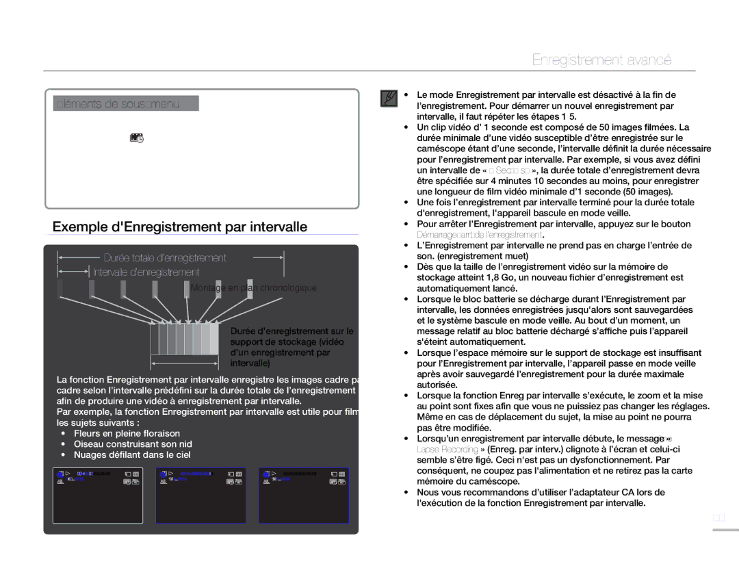 Samsung HMX-H300RP/EDC Exemple dEnregistrement par intervalle, Durée totale d’enregistrement Intervalle d’enregistrement 