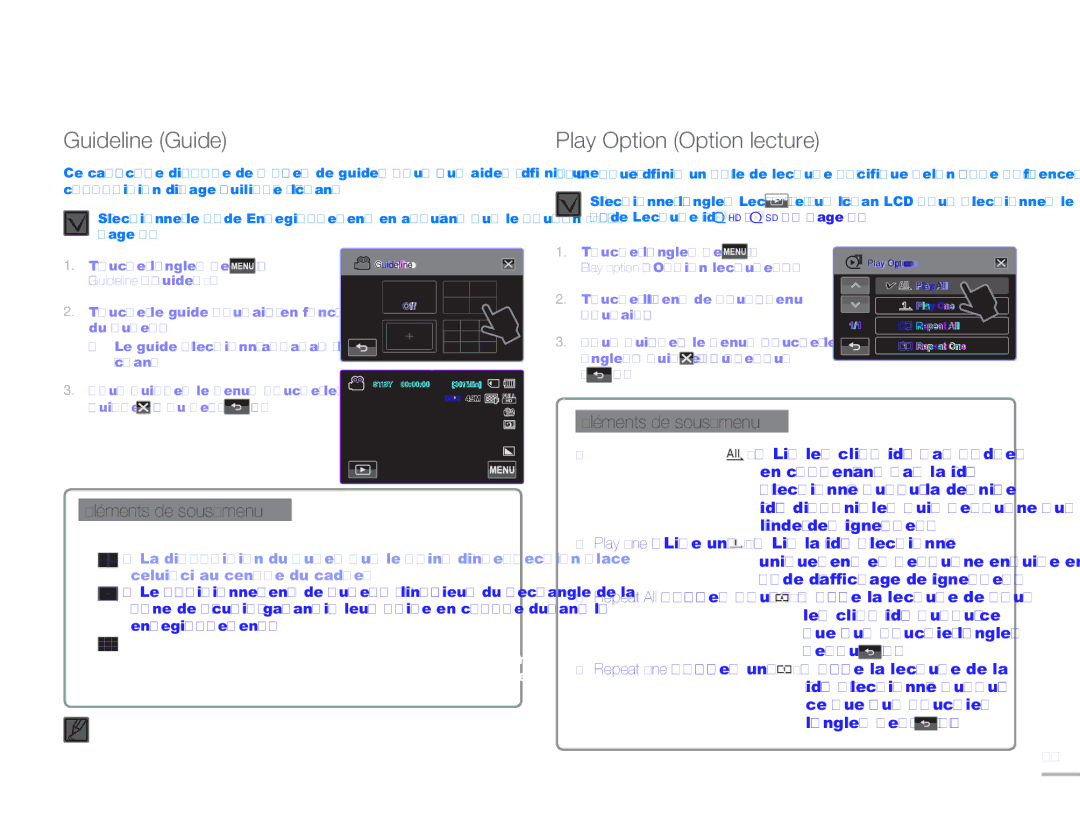 Samsung HMX-H304BP/MEA, HMX-H304SP/MEA, HMX-H300BP/EDC manual Lecture avancée, Guideline Guide, Play Option Option lecture 