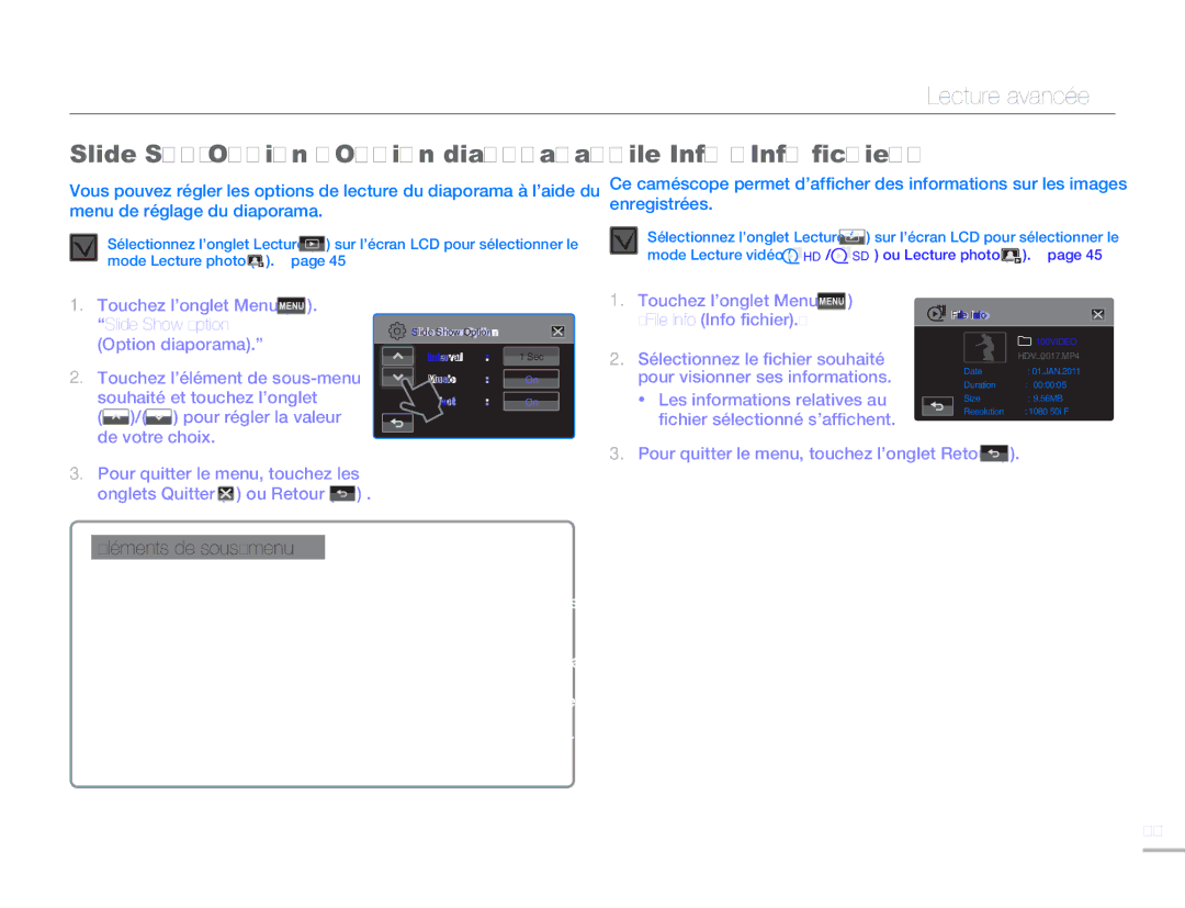 Samsung HMX-H320RP/EDC, HMX-H304SP/MEA, HMX-H300BP/EDC manual Slide Show Option Option diaporama, File Info Info fichier 
