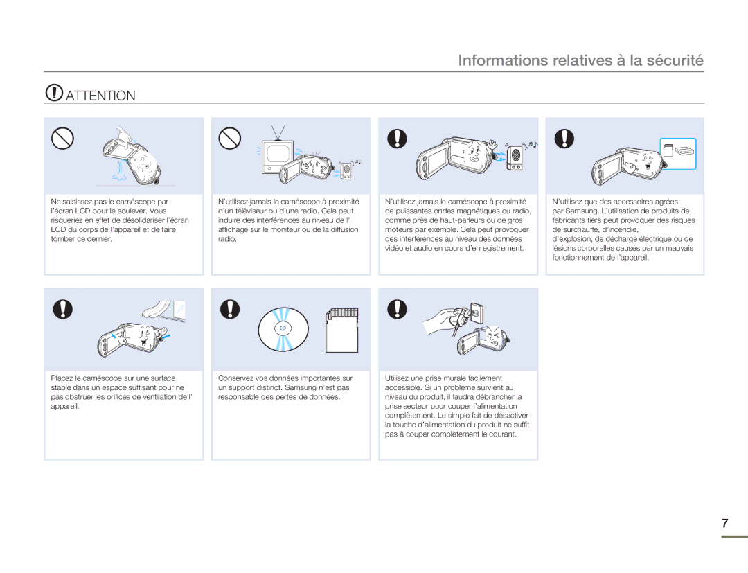 Samsung HMX-H304SP/MEA, HMX-H300BP/EDC, HMX-H300RP/EDC, HMX-H304BP/EDC, HMX-H304BP/MEA Informations relatives à la sécurité 