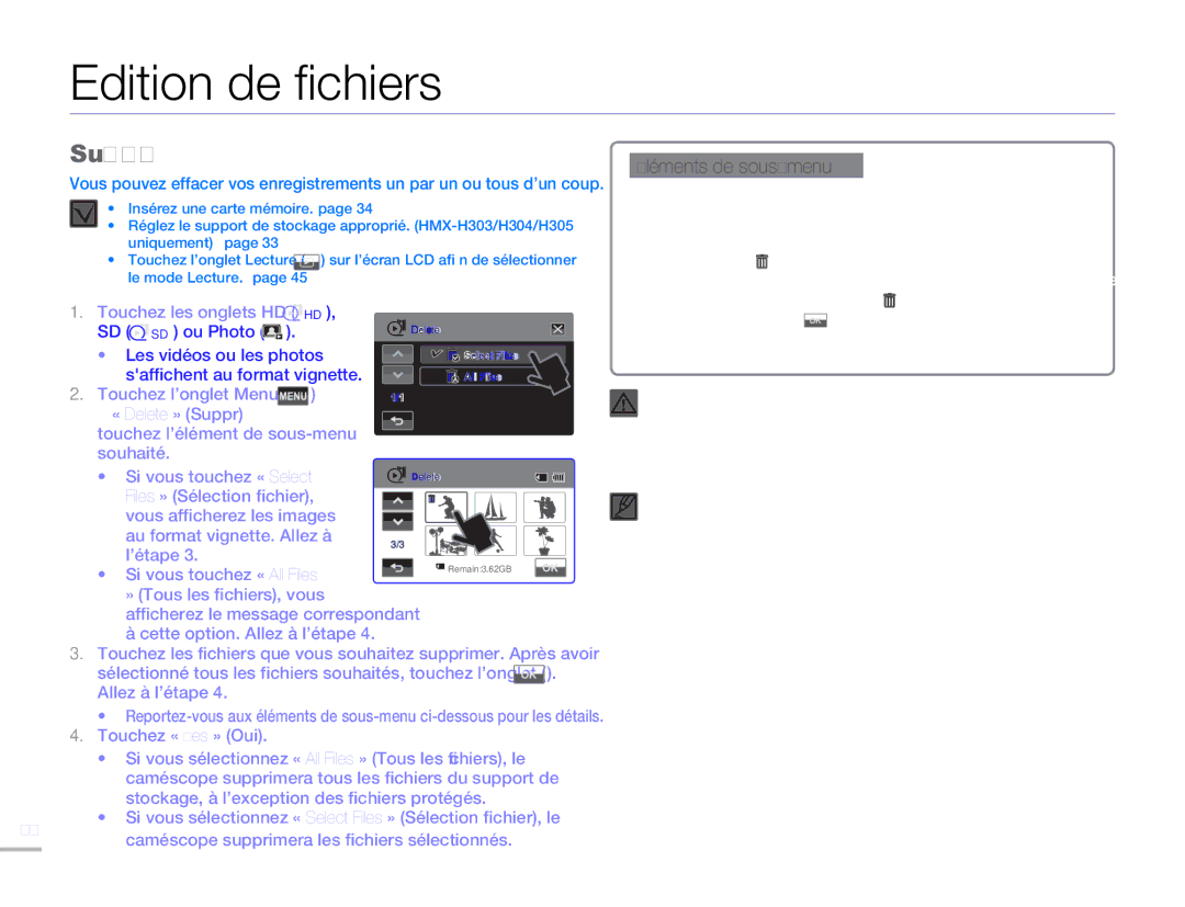 Samsung HMX-H304SP/MEA, HMX-H300BP/EDC, HMX-H300RP/EDC, HMX-H304BP/EDC, HMX-H304BP/MEA manual Edition de fichiers, Suppr 