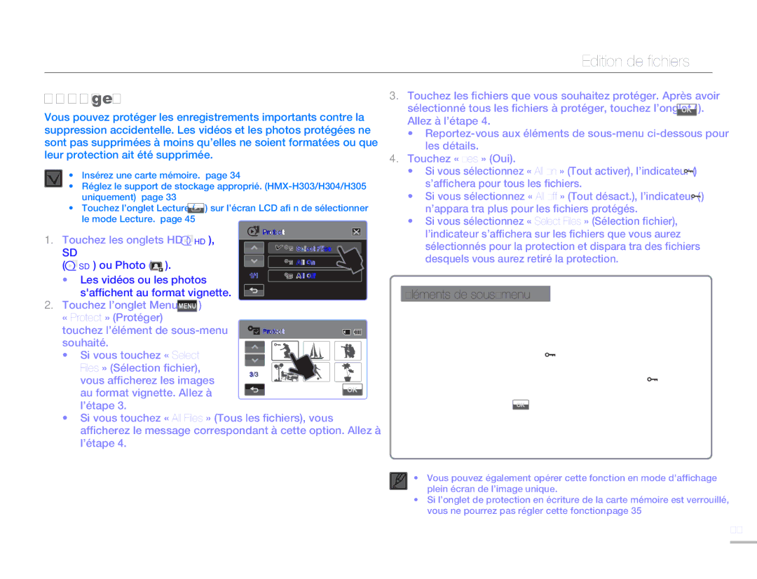 Samsung HMX-H300BP/EDC Edition de fichiers, Protéger, Touchez les onglets HD HD, SD ou Photo, Les vidéos ou les photos 