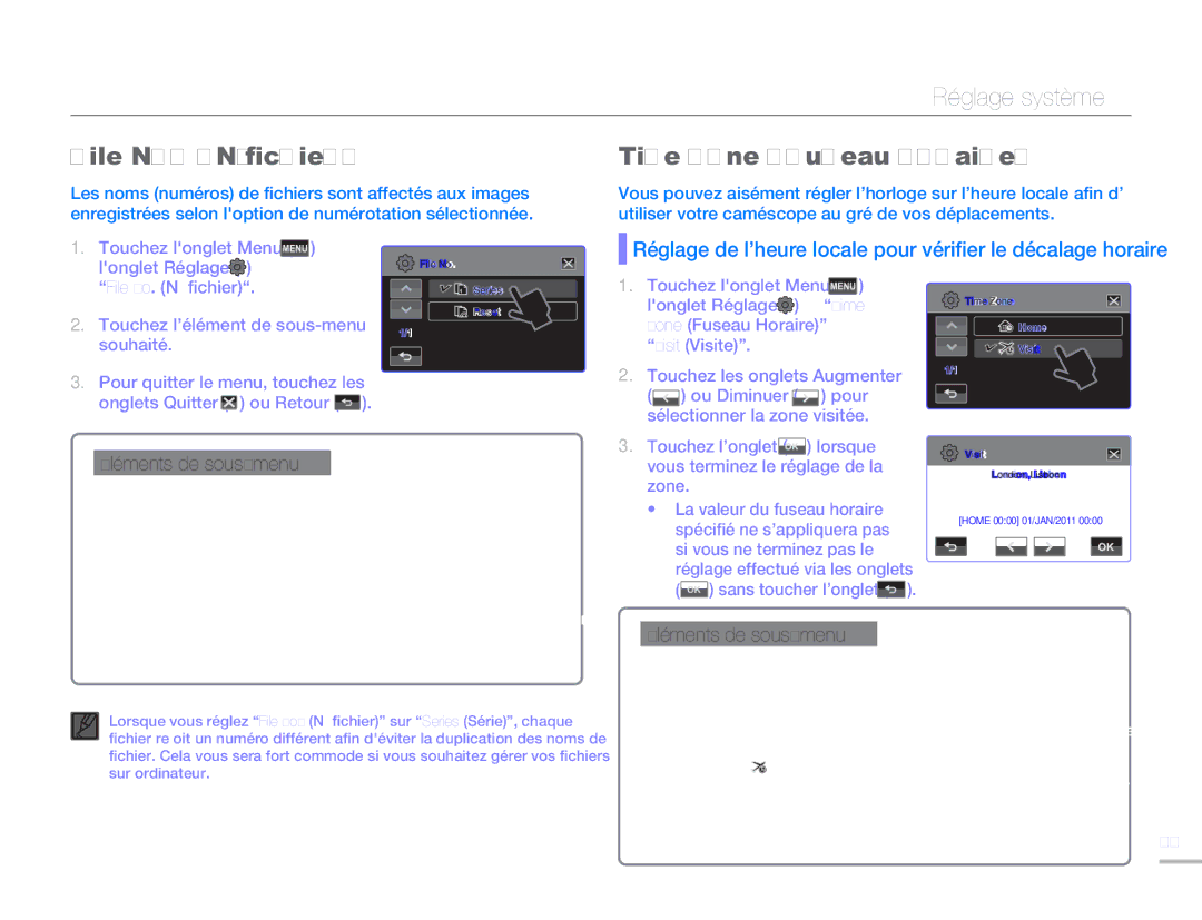 Samsung HMX-H304SP/MEA, HMX-H300BP/EDC, HMX-H300RP/EDC, HMX-H304BP/EDC manual File No. N fichier Time Zone Fuseau Horaire 