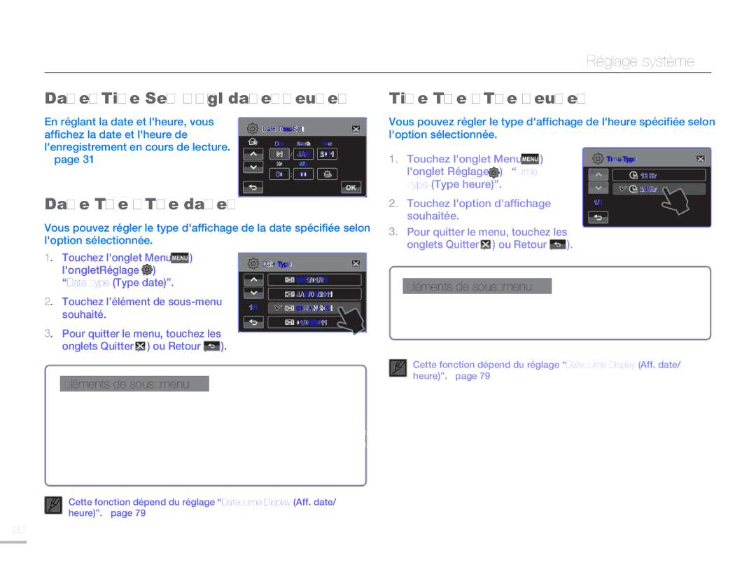 Samsung HMX-H300BP/EDC Date/Time Set Régl date/heure Time Type Type heure, Date Type Type date, Touchez loption daffichage 