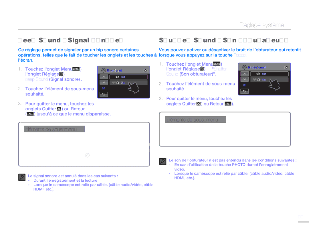 Samsung HMX-H304BP/MEA manual Beep Sound Signal sonore, Shutter Sound Son obturateur, Off Arrêt Désactive la fonction 