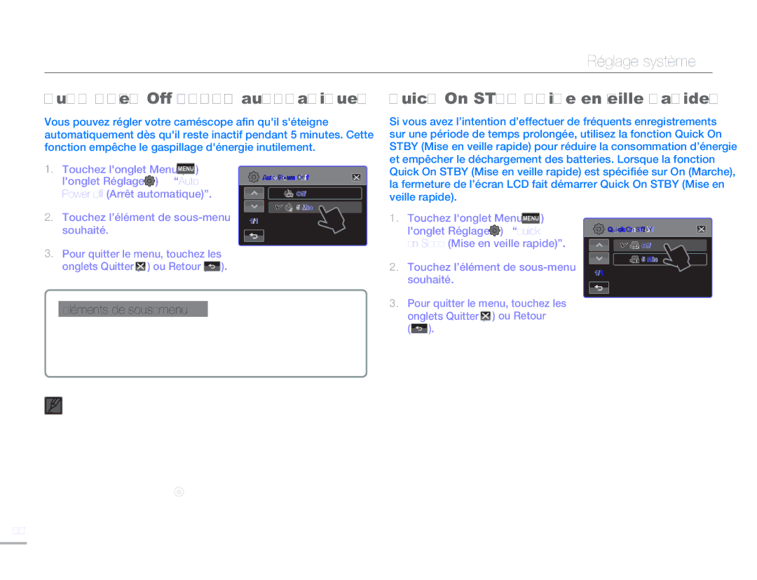 Samsung HMX-H320BP/EDC, HMX-H304SP/MEA manual Auto Power Off Arrêt automatique, Quick On Stby Mise en veille rapide 