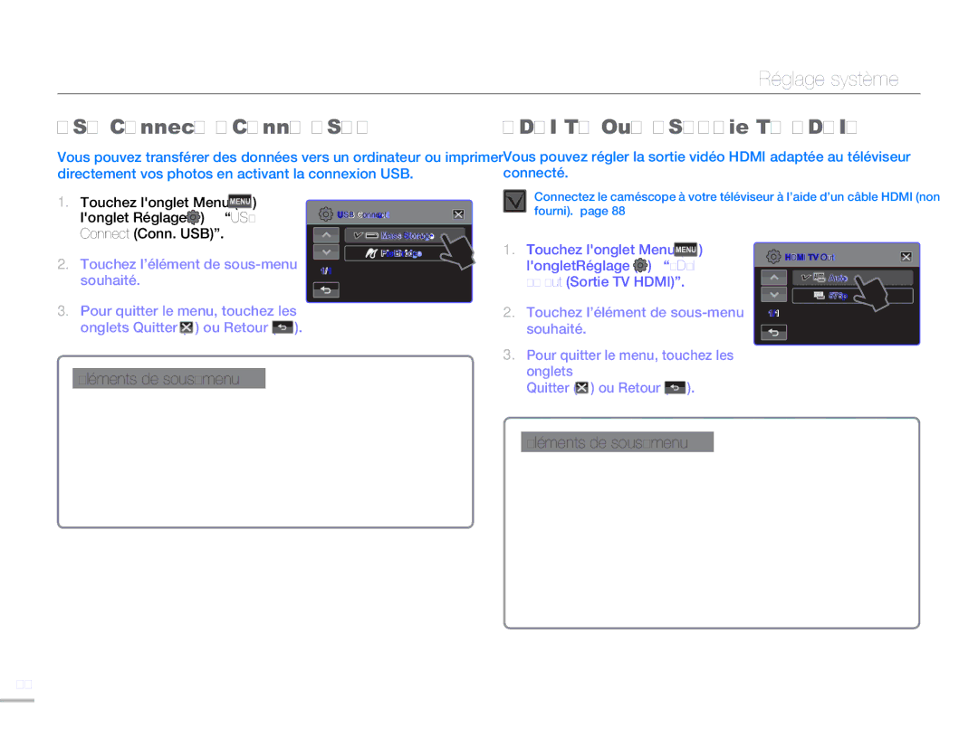 Samsung HMX-H304SP/MEA, HMX-H300BP/EDC, HMX-H300RP/EDC manual USB Connect Conn. USB, Hdmi TV Out Sortie TV Hdmi, Onglets 