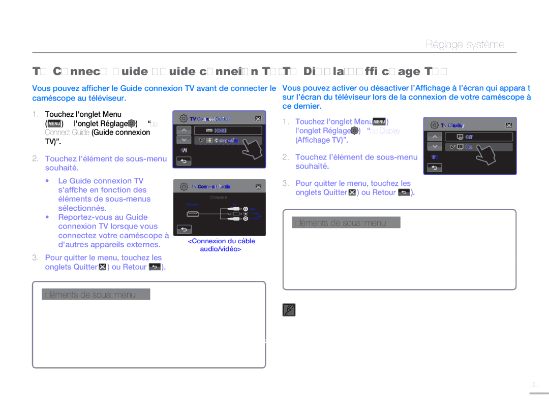 Samsung HMX-H300BP/EDC, HMX-H304SP/MEA, HMX-H300RP/EDC manual TV Connect Guide Guide connexion TV, TV Display Affi chage TV 