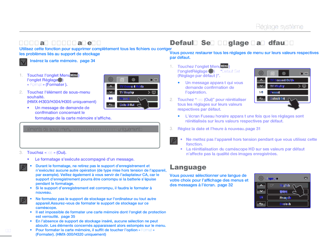 Samsung HMX-H300RP/EDC, HMX-H304SP/MEA, HMX-H300BP/EDC manual Format Formater, Default Set Réglage par défaut, Language 