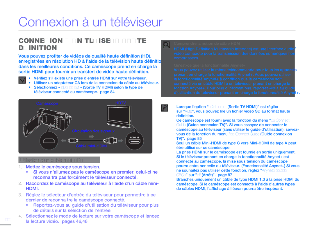 Samsung HMX-H304BP/MEA, HMX-H304SP/MEA manual Connexion à un téléviseur, Connexion a UN Téléviseur Haute Définition 