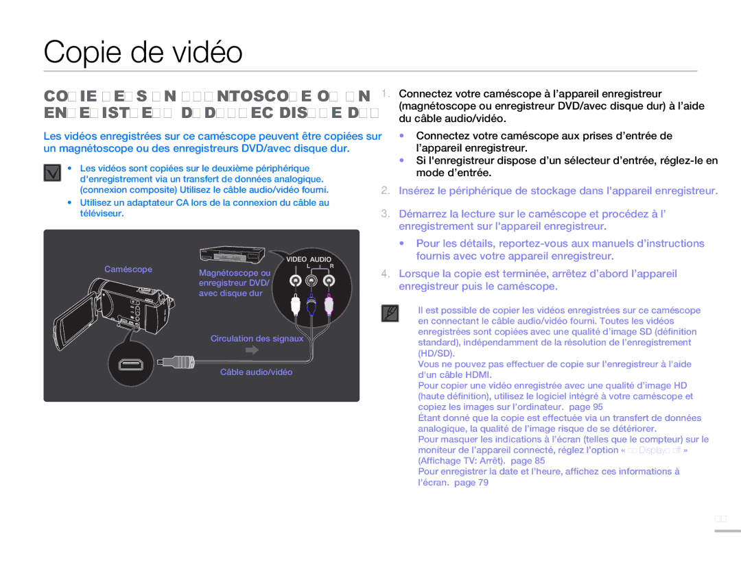 Samsung HMX-H304SP/MEA, HMX-H300BP/EDC, HMX-H300RP/EDC, HMX-H304BP/EDC, HMX-H304BP/MEA, HMX-H320BP/EDC manual Copie de vidéo 