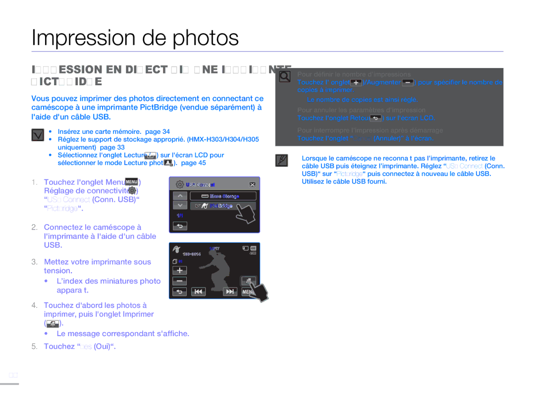 Samsung HMX-H300BP/EDC, HMX-H304SP/MEA manual Impression de photos, Impression EN Direct VIA UNE Imprimante Pictbridge 