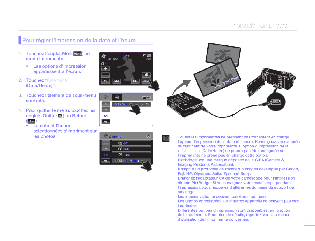 Samsung HMX-H300RP/EDC, HMX-H304SP/MEA, HMX-H300BP/EDC Impression de photos, Pour régler l’impression de la date et l’heure 