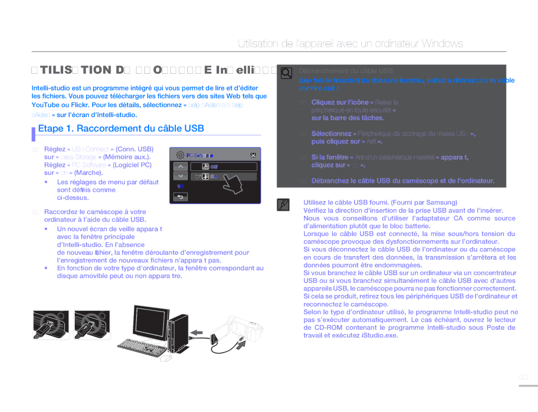 Samsung HMX-H304BP/MEA manual Utilisation de l’appareil avec un ordinateur Windows, Utilisation DU Programme Intelli-studio 