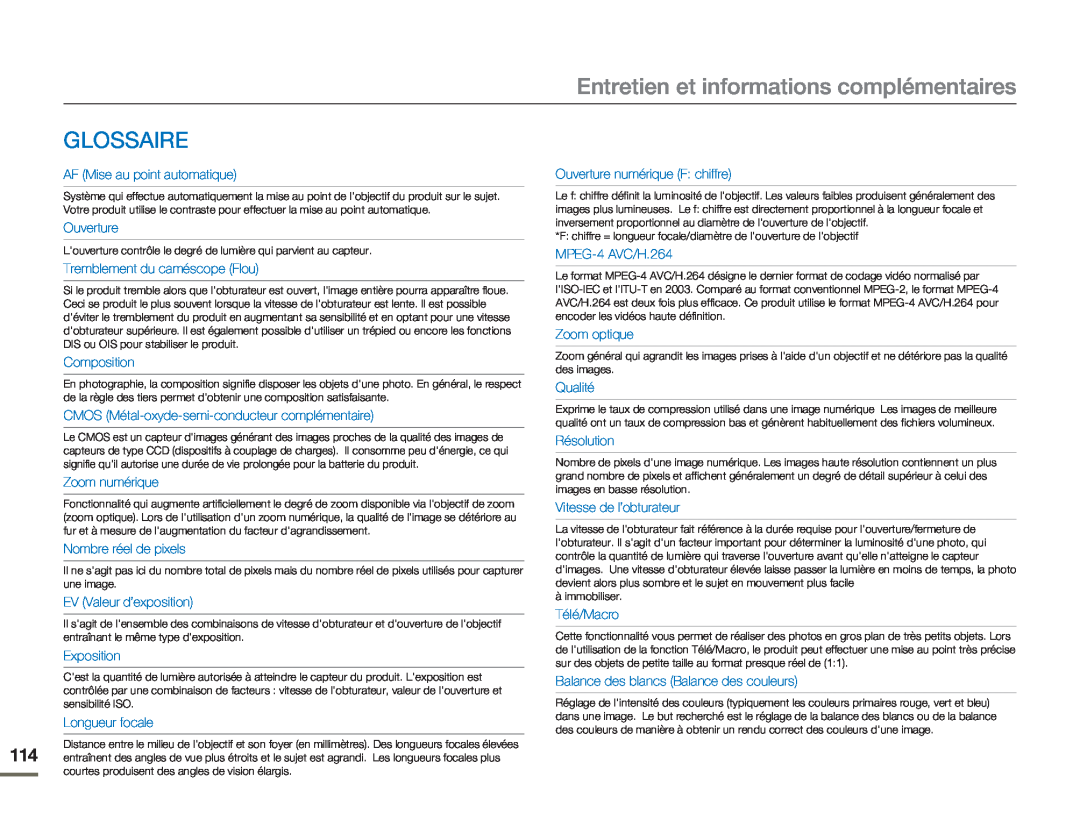 Samsung HMX-H300RP/EDC manual Glossaire, Entretien et informations complémentaires, AF Mise au point automatique, Ouverture 