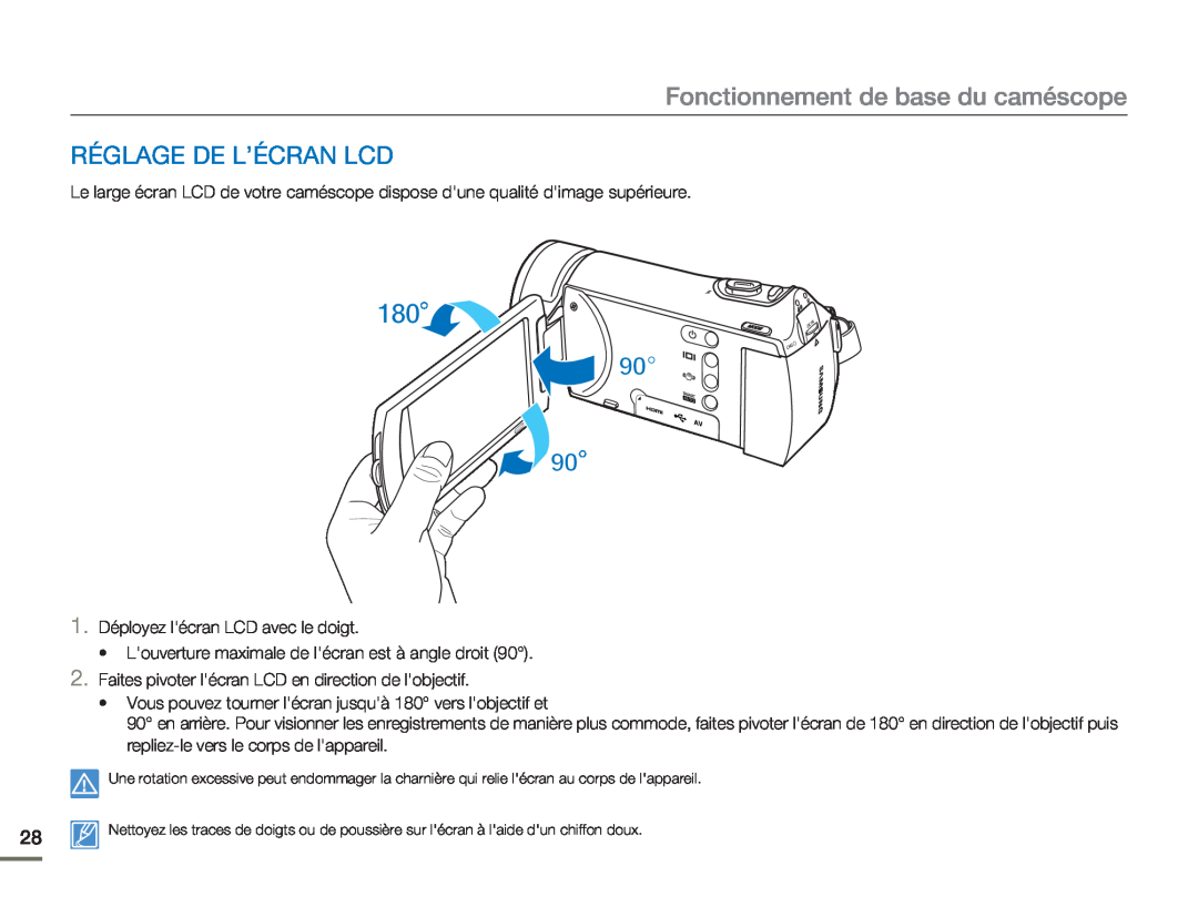Samsung HMX-H304SP/MEA, HMX-H300BP/EDC, HMX-H300RP/EDC manual Fonctionnement de base du caméscope, Réglage De L’Écran Lcd 
