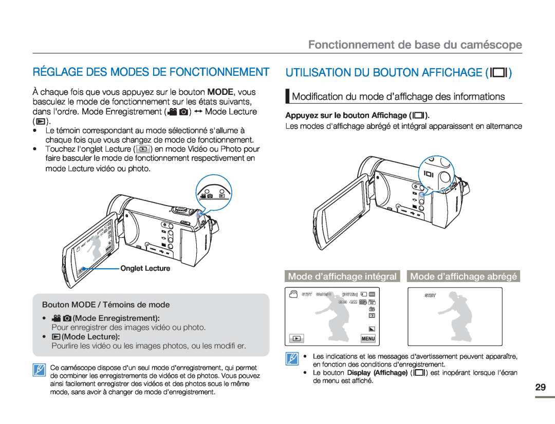 Samsung HMX-H300BP/EDC Réglage Des Modes De Fonctionnement, Utilisation Du Bouton Affichage, Mode d’affichage intégral 