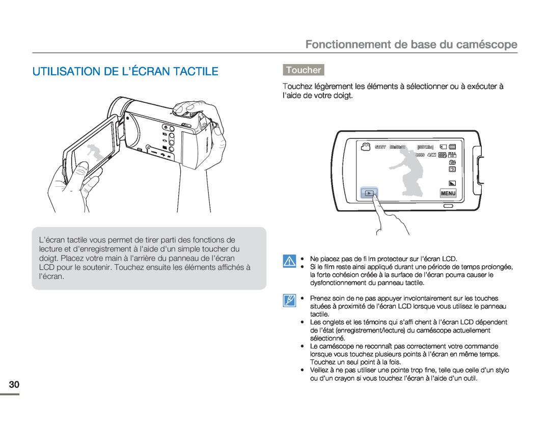 Samsung HMX-H300RP/EDC, HMX-H304SP/MEA manual Utilisation De L’Écran Tactile, Fonctionnement de base du caméscope, Toucher 