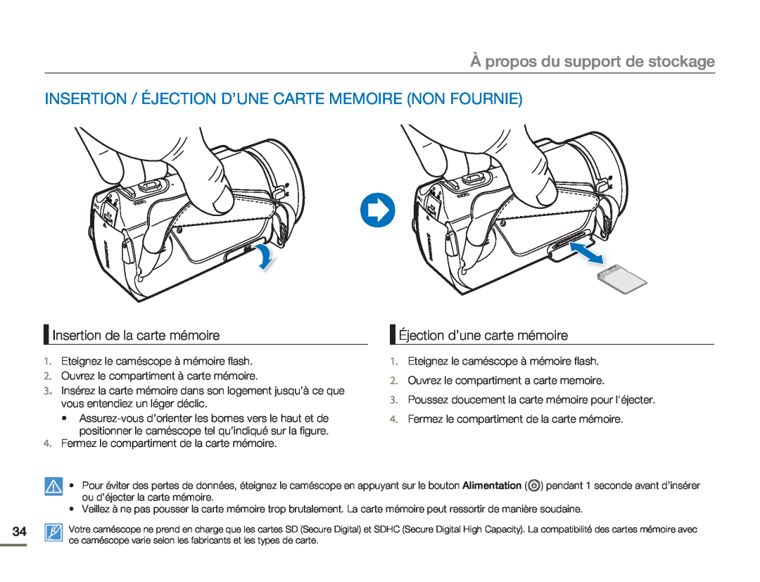 Samsung HMX-H320RP/EDC manual À propos du support de stockage, Insertion / Éjection D’Une Carte Memoire Non Fournie 