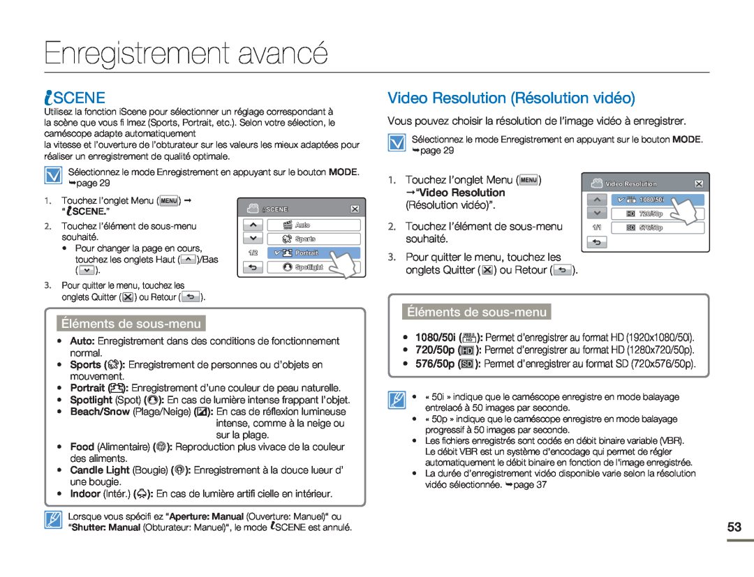 Samsung HMX-H304BP/MEA manual Enregistrement avancé, Scene, Video Resolution Résolution vidéo, Éléments de sous-menu 