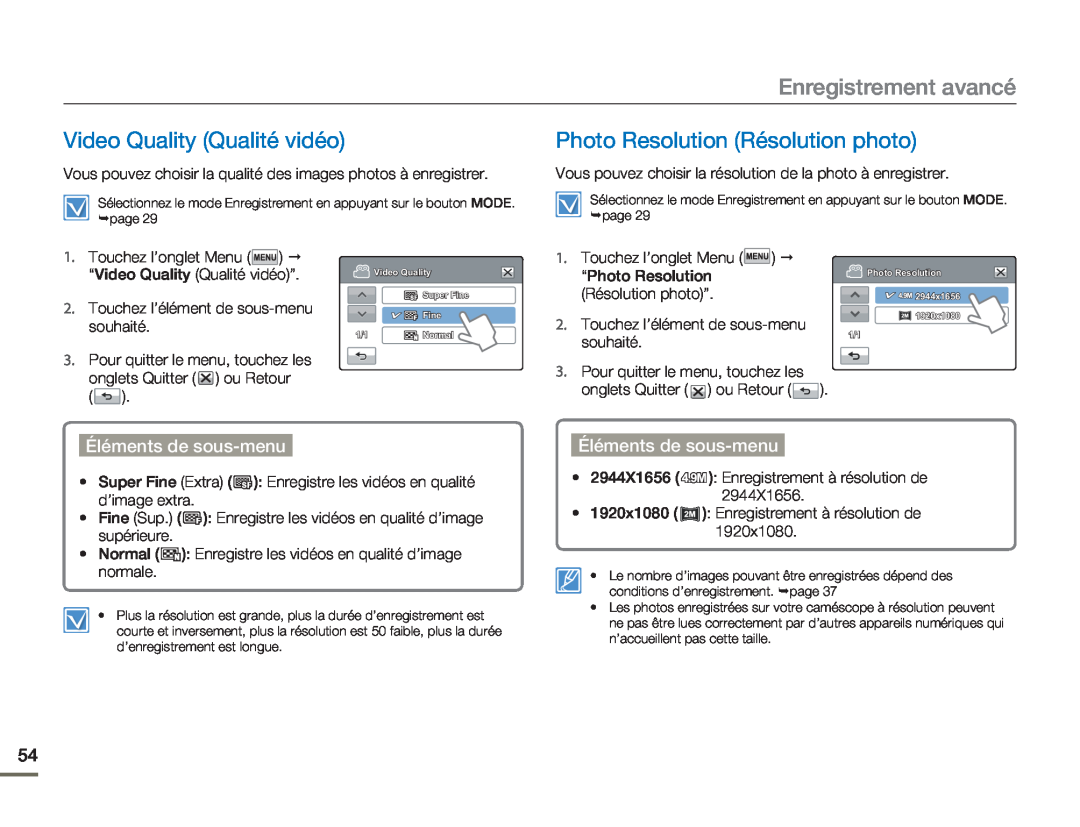 Samsung HMX-H320BP/EDC manual Enregistrement avancé, Video Quality Qualité vidéo, Photo Resolution Résolution photo 