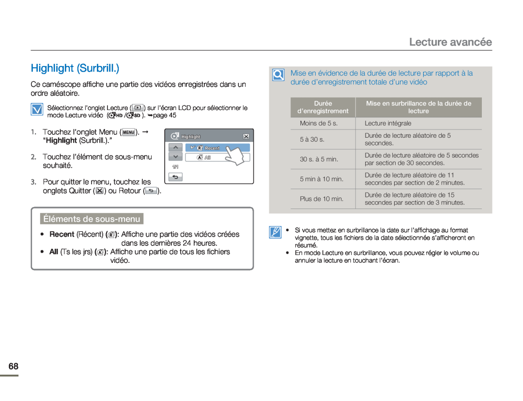 Samsung HMX-H320BP/EDC manual Lecture avancée, Highlight Surbrill, Éléments de sous-menu, Durée, d’enregistrement, lecture 