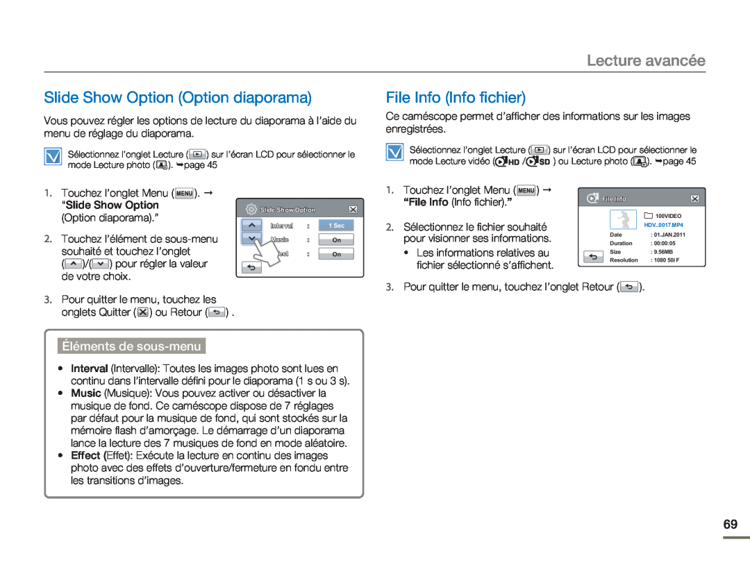 Samsung HMX-H320RP/EDC Slide Show Option Option diaporama, File Info Info fichier, Lecture avancée, Éléments de sous-menu 