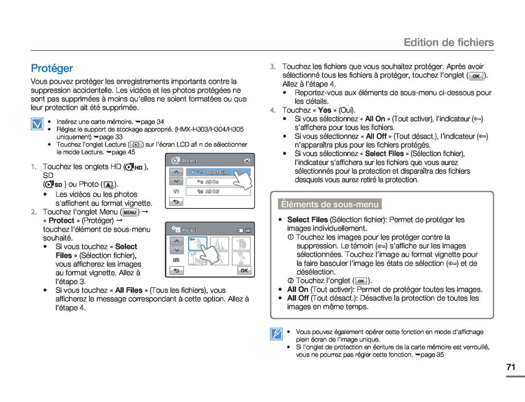Samsung HMX-H300BP/EDC, HMX-H304SP/MEA, HMX-H300RP/EDC, HMX-H304BP/EDC Edition de fichiers, Protéger, Éléments de sous-menu 