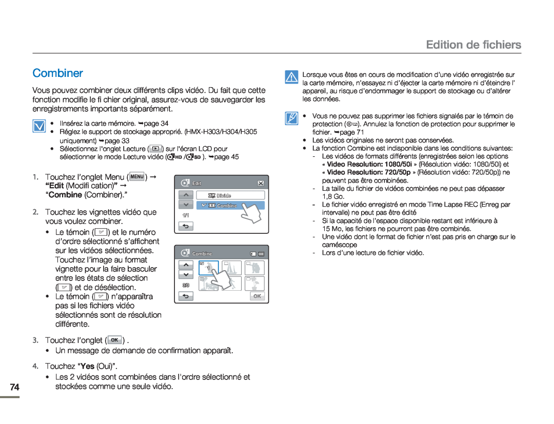 Samsung HMX-H304BP/MEA manual Edition de fichiers, Touchez l’onglet Menu “Edit Modifi cation” “Combine Combiner.” 