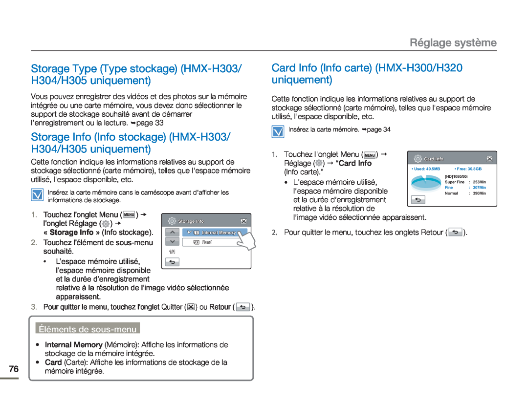 Samsung HMX-H320RP/EDC Réglage système, Storage Type Type stockage HMX-H303/ H304/H305 uniquement, Éléments de sous-menu 