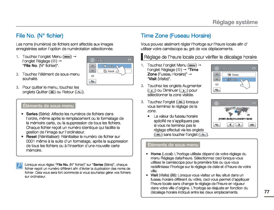 Samsung HMX-H304SP/MEA manual File No. N fichier, Time Zone Fuseau Horaire, Réglage système, Éléments de sous-menu 