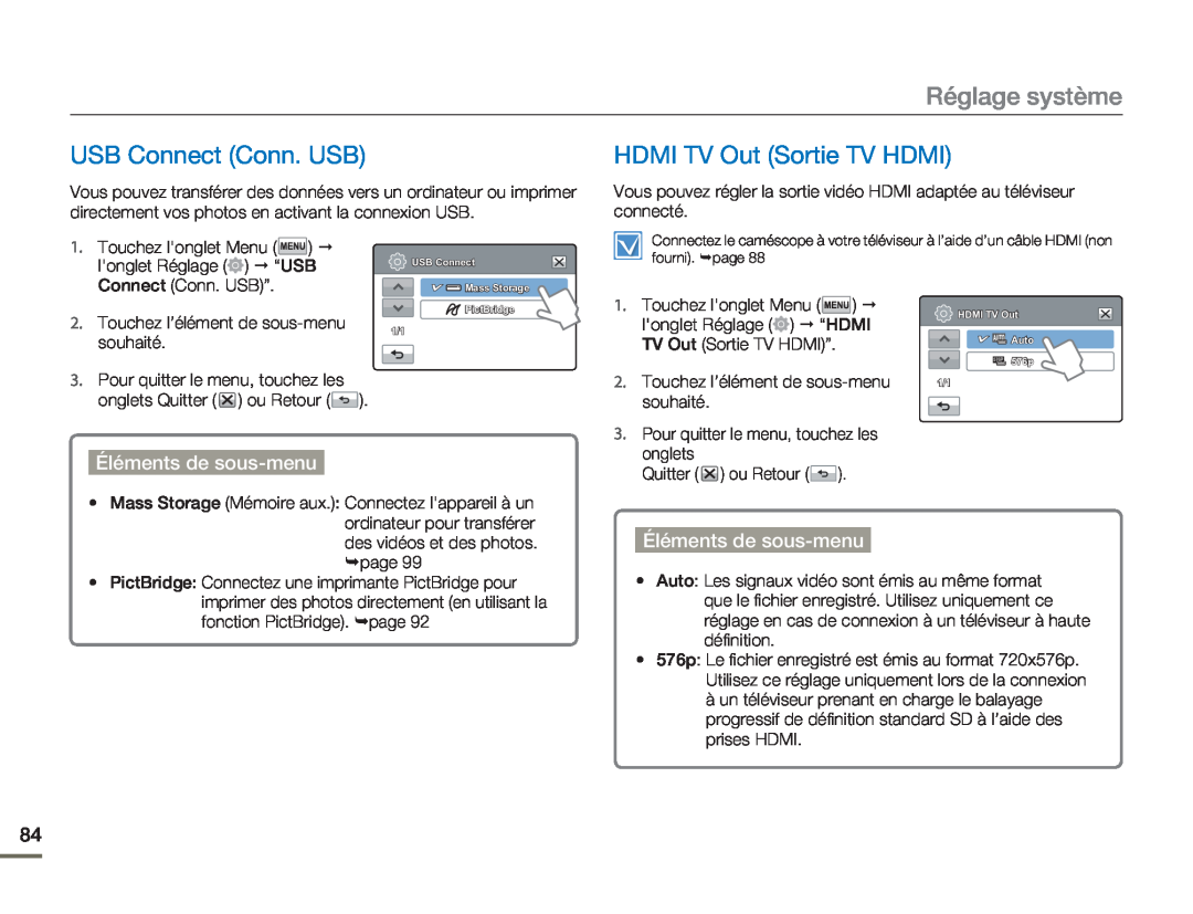 Samsung HMX-H304SP/MEA manual USB Connect Conn. USB, HDMI TV Out Sortie TV HDMI, Réglage système, Éléments de sous-menu 