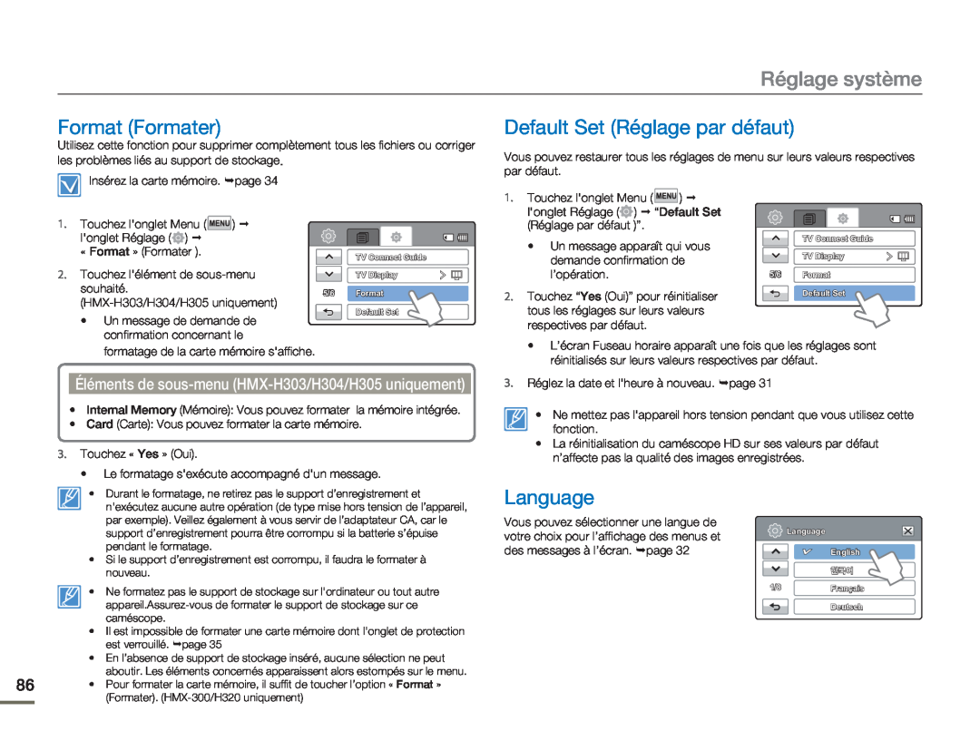 Samsung HMX-H300RP/EDC, HMX-H304SP/MEA manual Format Formater, Default Set Réglage par défaut, Language, Réglage système 