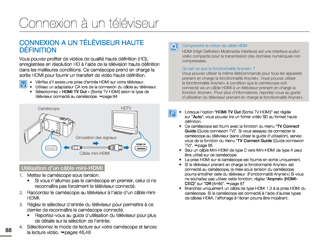 Samsung HMX-H304BP/MEA, HMX-H304SP/MEA manual Connexion à un téléviseur, Connexion A Un Téléviseur Haute Définition 