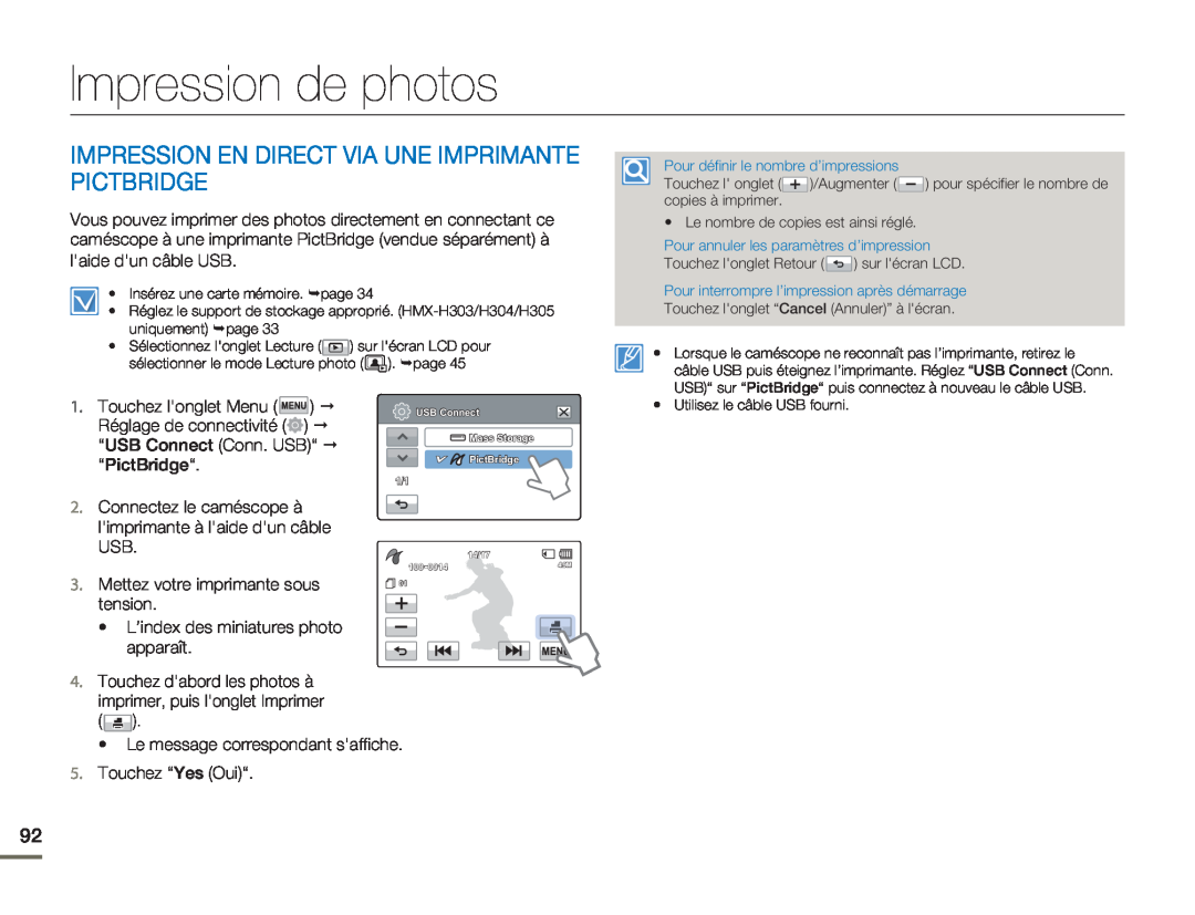 Samsung HMX-H300BP/EDC, HMX-H304SP/MEA manual Impression de photos, Impression En Direct Via Une Imprimante Pictbridge 
