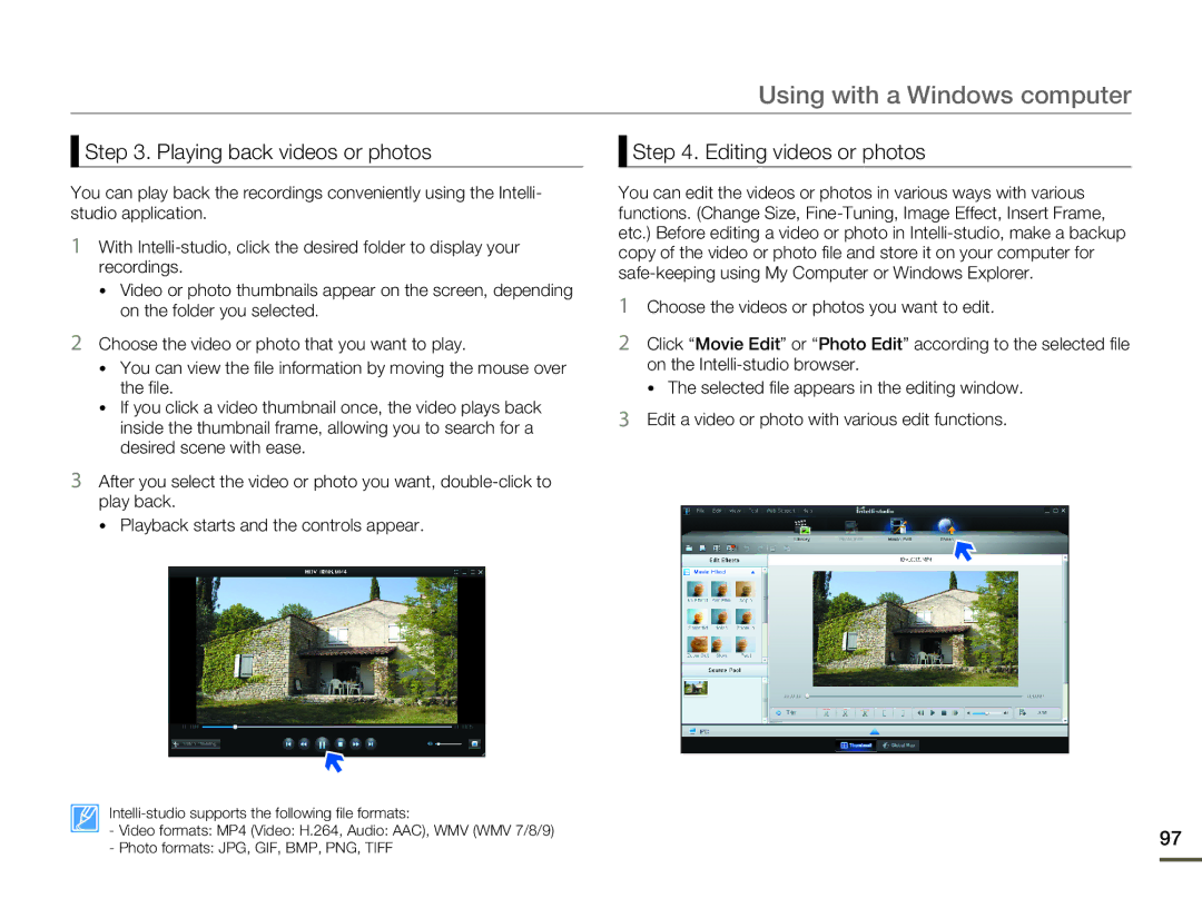 Samsung HMX-H303BN/HMX-H303SN/HMX-H303RN/HMX-H303UN user manual Playing back videos or photos, Editing videos or photos 