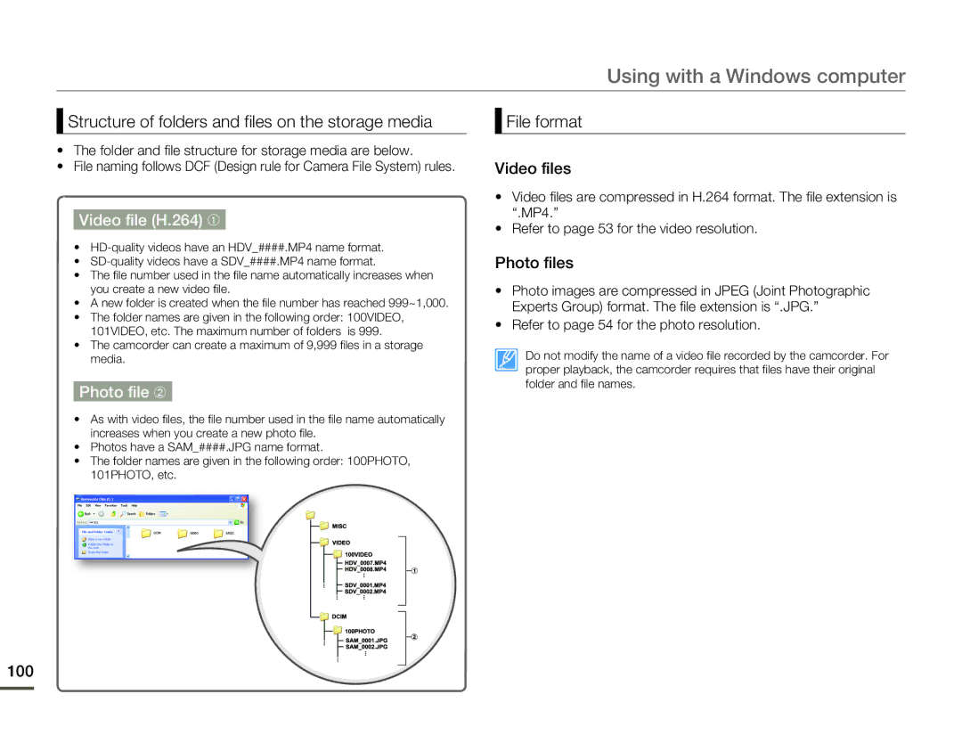 Samsung HMX-H320BN/HMX-H320SN/HMX-H320RN/HMX-H320UN user manual Video file H.264 ➀, Photo file ➁ 