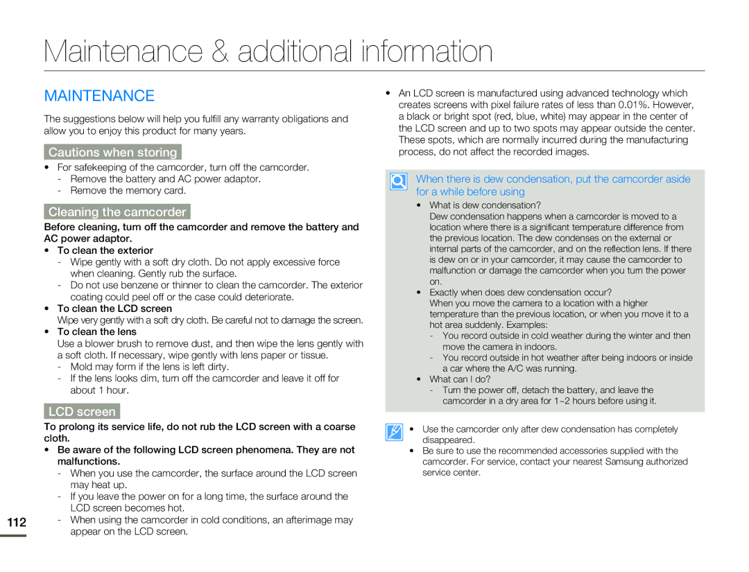 Samsung HMX-H303BN/HMX-H303SN/HMX-H303RN/HMX-H303UN Maintenance & additional information, Cleaning the camcorder 