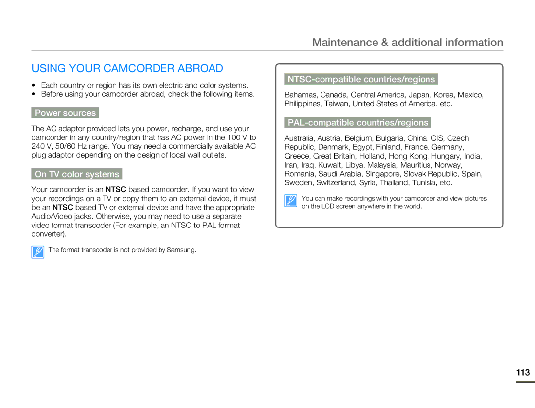 Samsung HMX-H304BN/HMX-H304SN/HMX-H304RN/HMX-H304UN Maintenance & additional information, Using Your Camcorder Abroad 