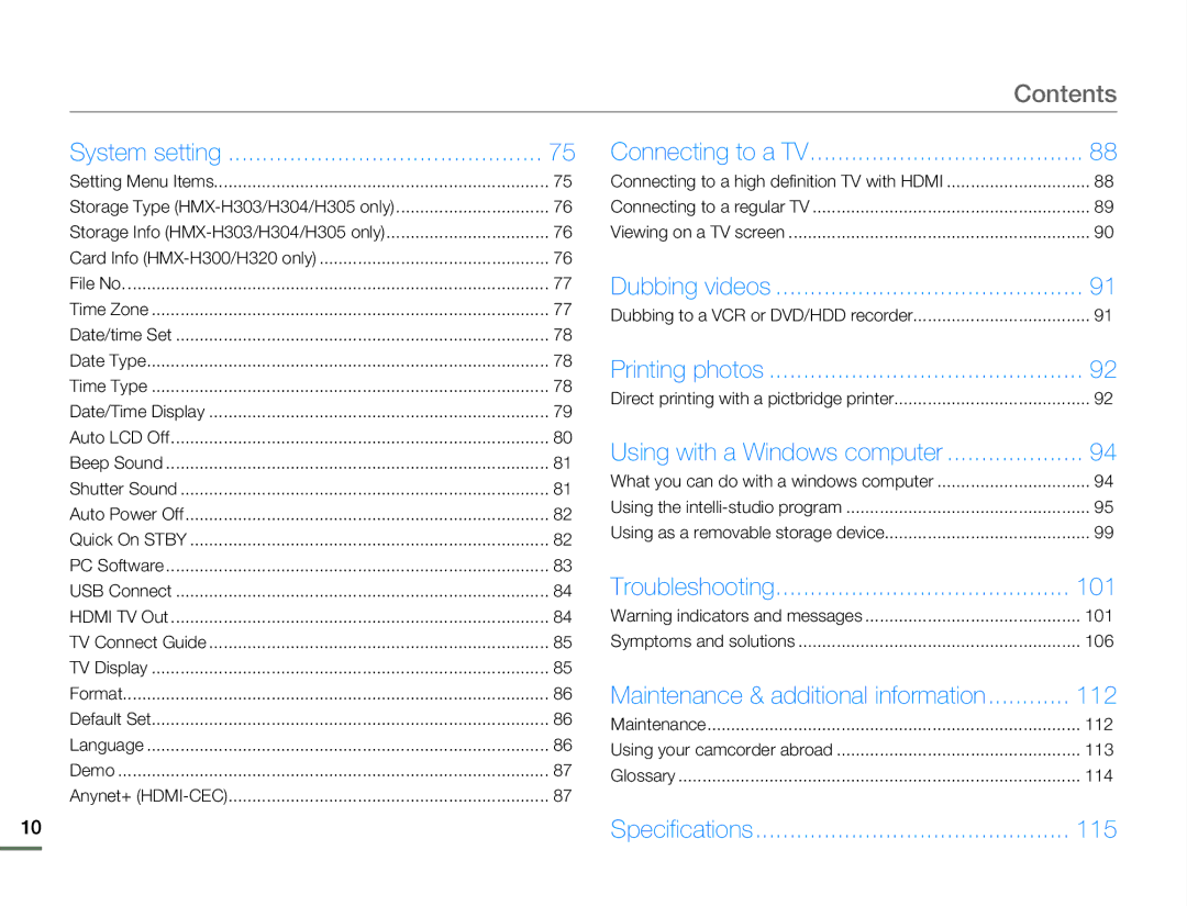 Samsung HMX-H320BN/HMX-H320SN/HMX-H320RN/HMX-H320UN user manual Connecting to a TV, 101, 112, 115 